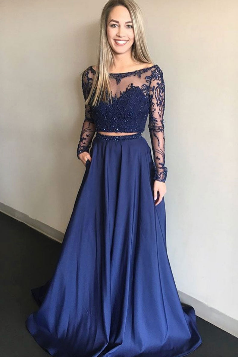Blue two pieces lace long prom dress, blue bridesmaid dress