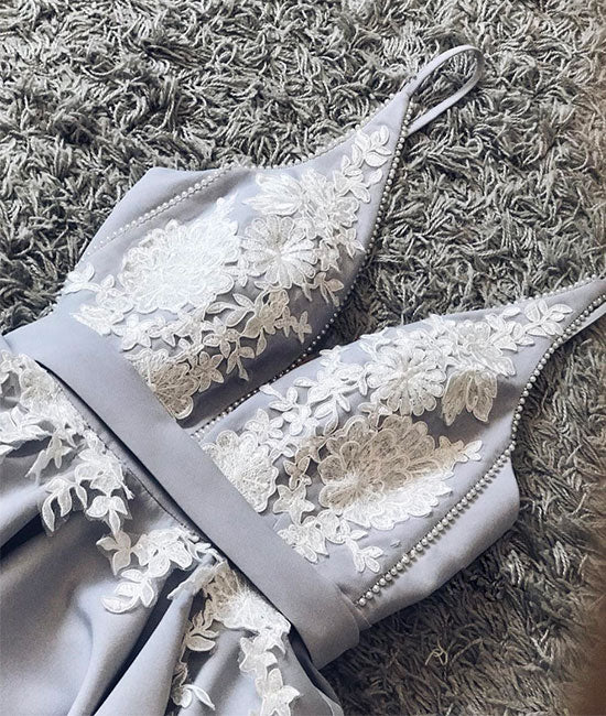 Cute gray v neck lace applique short prom dress shdress Cute gray v neck lace applique short prom dress shdress