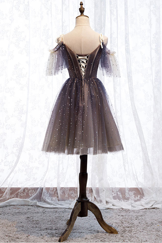 Cute tulle short prom dress tulle lace gray homecoming dress