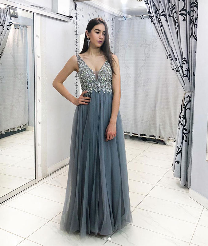 
                  
                    Gray v neck tulle beads sequin long prom dress, gray evening dress
                  
                