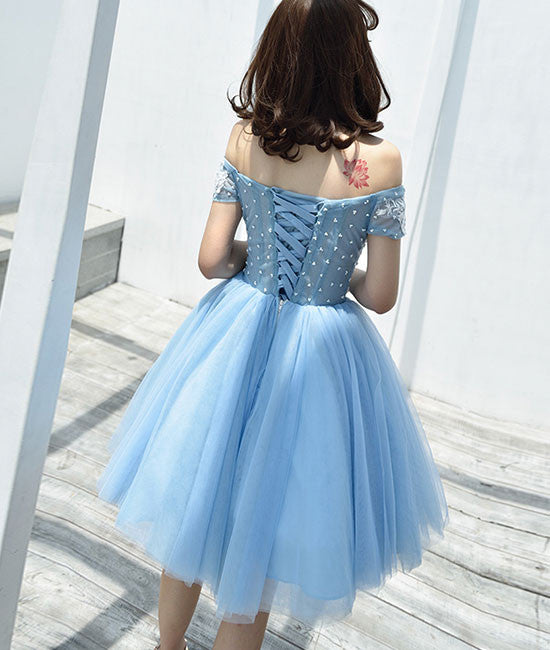 
                  
                    Cute tulle blue lace applique short prom dress, cute homecoming dress - shdress
                  
                
