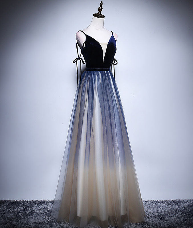 Dark blue tulle long prom dress, blue evening dress - shdress