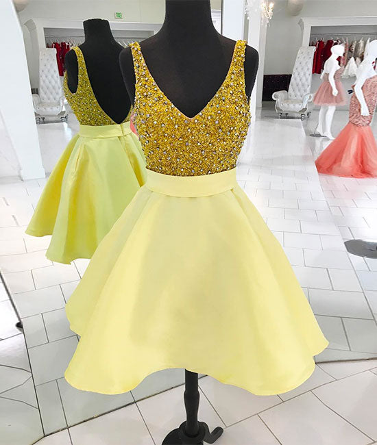 Yellow v neck sequin short prom dress, homecoming dress - shdress