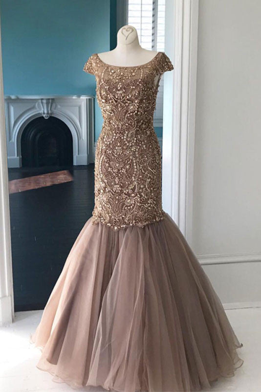Unique round neck tulle sequin beads mermaid long prom dress, champagne evening dress - shdress