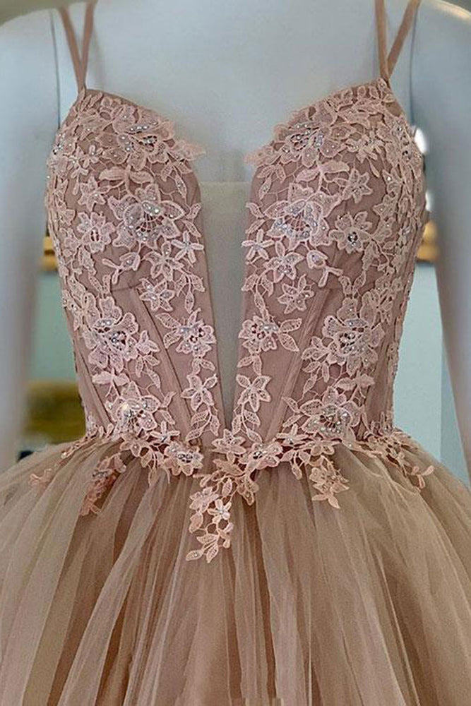 
                  
                    Champagne sweetheart tulle lace long prom dress, evening dress
                  
                