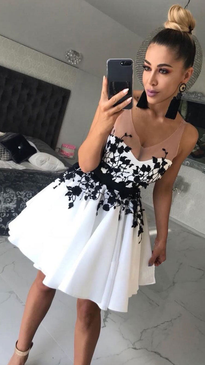 White v neck lace applique short prom dress, white homecoming dress - shdress