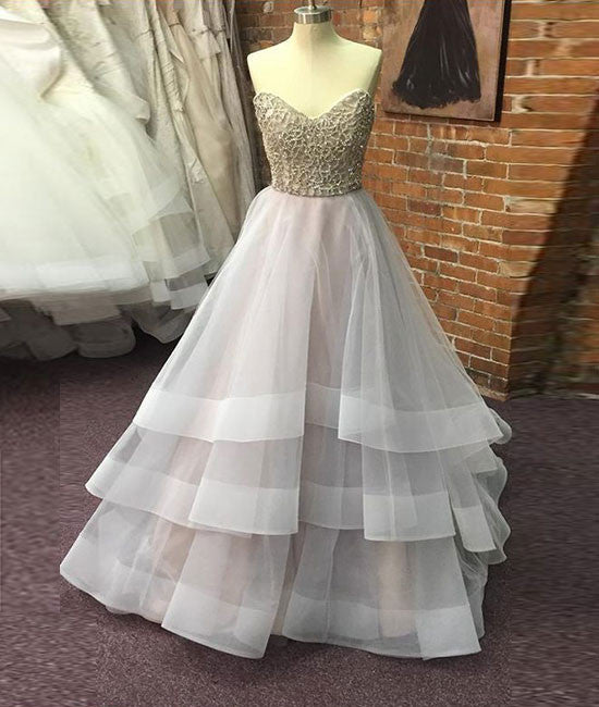 Unique sequin gray tulle prom dress, long gray evening dress - shdress