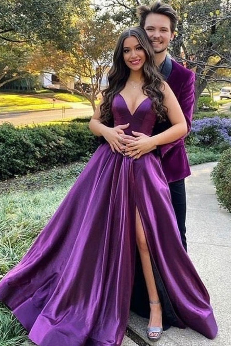 Simple purple v neck satin long prom dress purple formal dress Simple purple v neck satin long prom dress purple formal dress