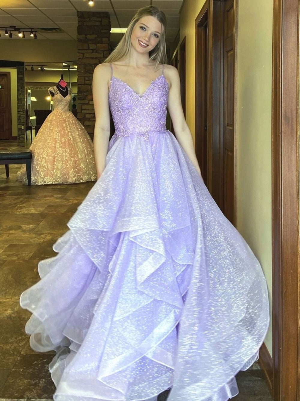 Purple v neck tulle lace long prom dress, purple evening dress