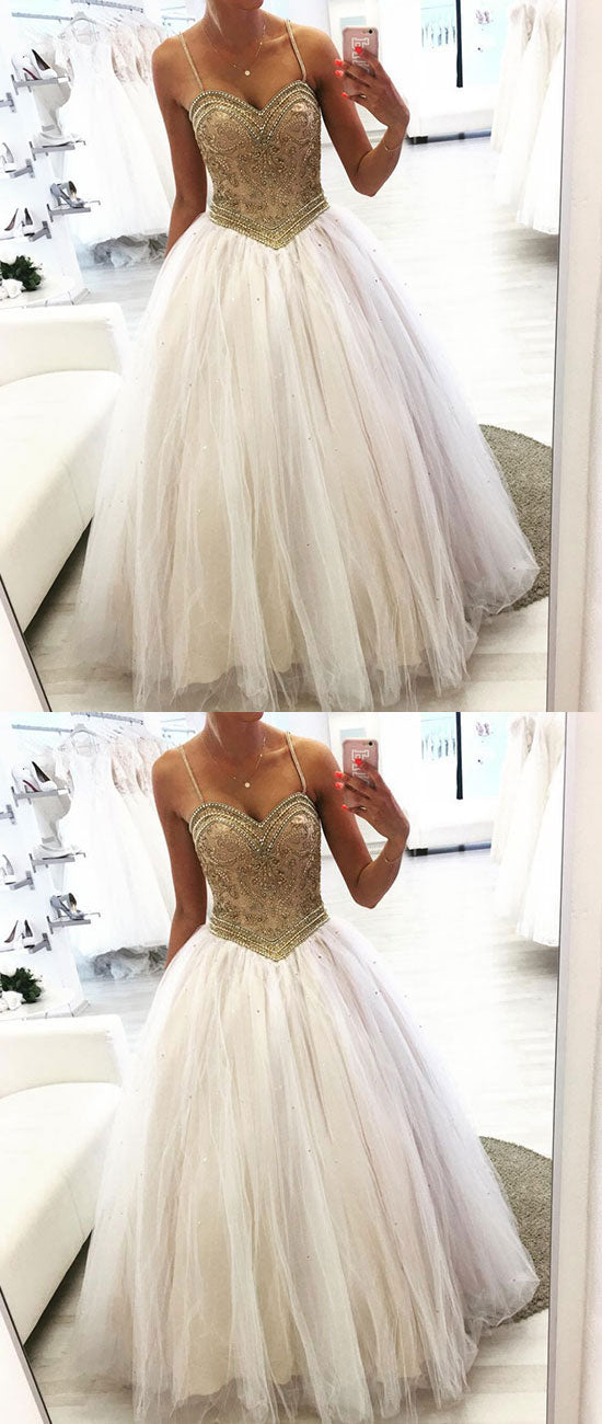 Unique sweetheart neck tulle beads long prom dress, tulle formal dress - shdress