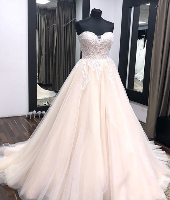 
                  
                    Unique sweetheart neck tulle lace applique long wedding dress, lace bridal dress - shdress
                  
                