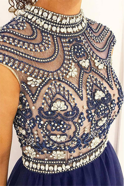 Blue A-line beads tulle long prom dress, blue evening dress - shdress