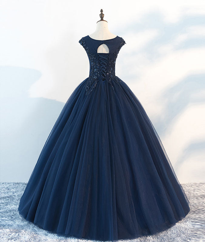 Dark blue round neck tulle lace long prom dress, blue tulle lace evening dress - shdress