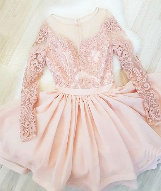 Pink round neck lace short prom dress, pink homecoming dress - shdress