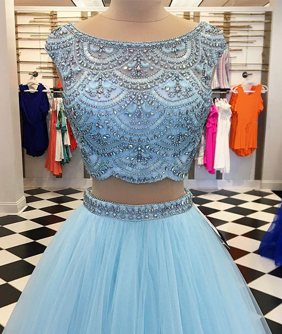 Blue two pieces tulle blue long prom dress, blue tulle evening dress - shdress