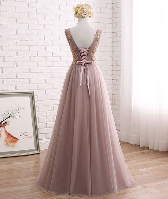 
                  
                    Champagne v neck tulle lace applique long prom dress, evening dress - shdress
                  
                
