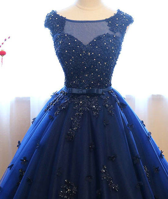 Dark blue tulle lace long prom dress, dark blue sweet 16 dress – shdress