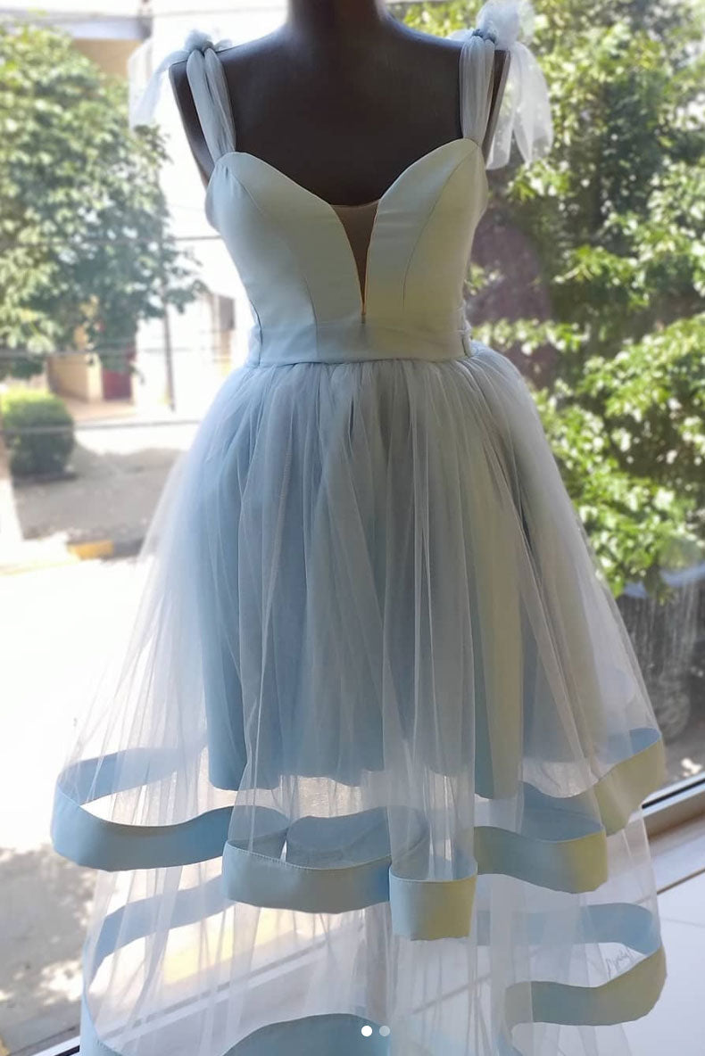 Simple blue tulle short prom dress, blue tulle homecoming dress