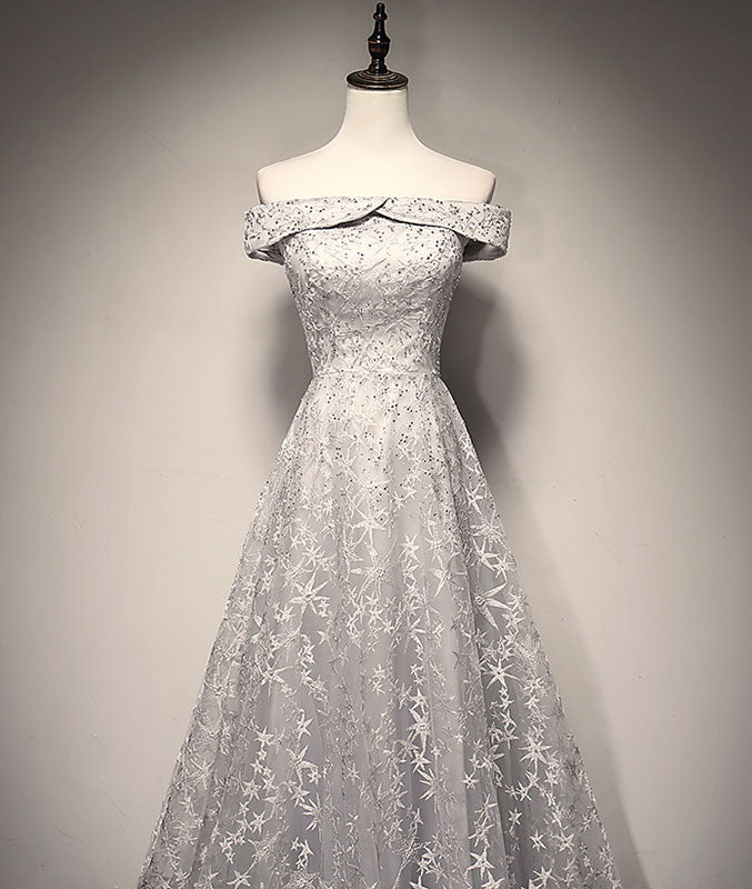 Gray tulle lace long prom dress, lace tulle bridesmaid dress - shdress
