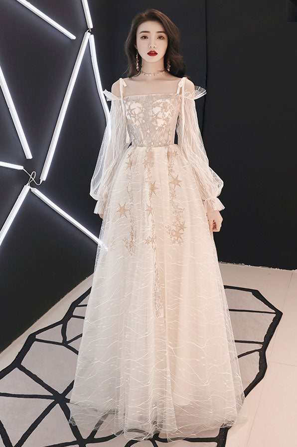 Champagne tulle lace long prom dress, champagne lace evening dress