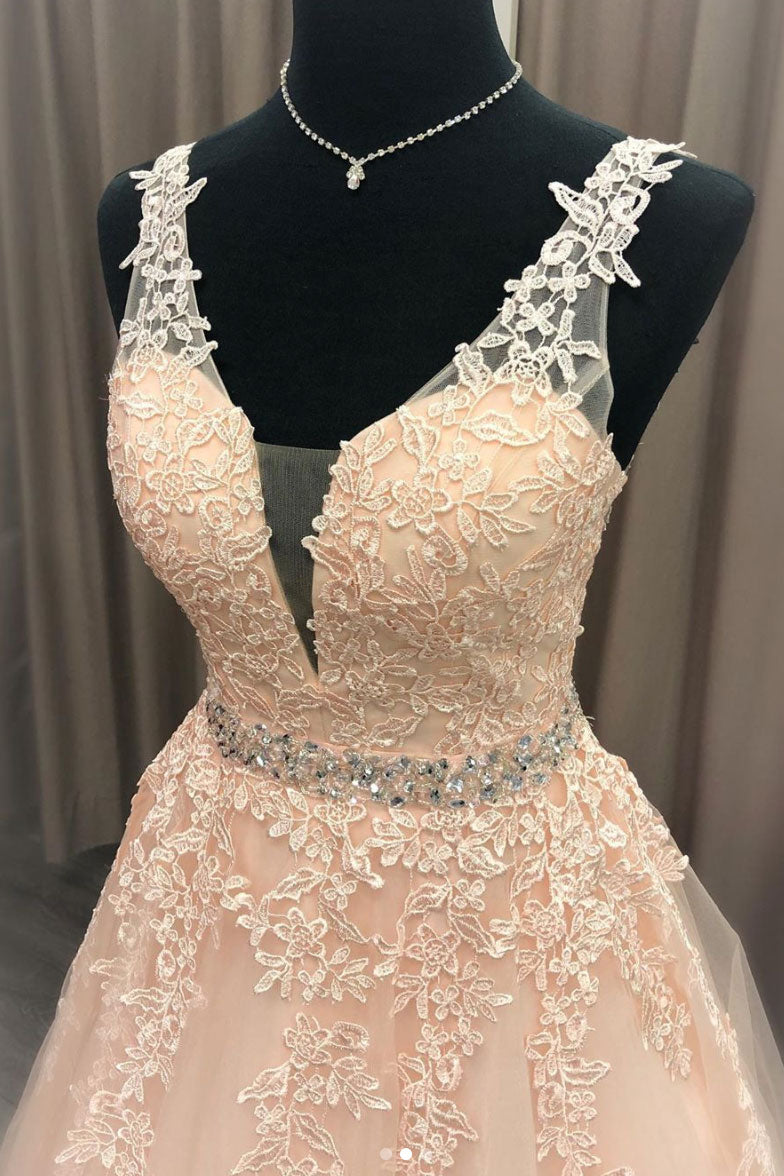 
                  
                    Pink v neck tulle lace long prom dress pink evening dress
                  
                