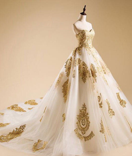 Gold sweetheart neck tulle long prom gown, gold evening dress - shdress