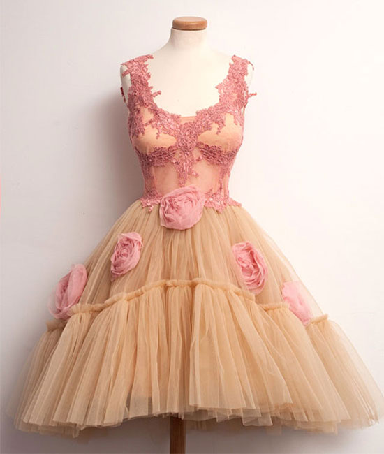 Cute champagne lace tulle short prom dress. cute homecoming dress - shdress