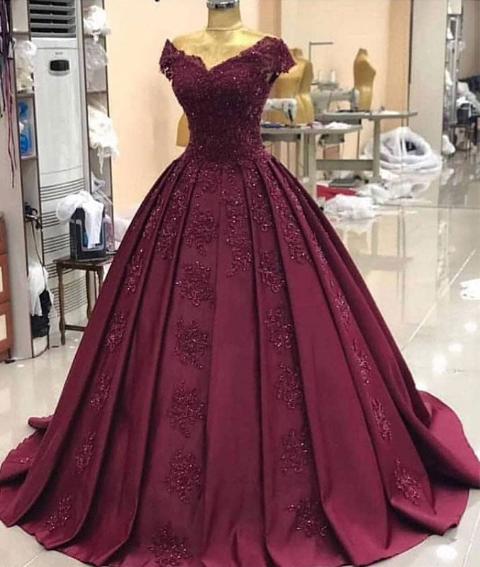 Burgundy off shoulder satin lace long prom dress, burgundy evening dre shdress Burgundy off shoulder satin lace long prom dress, burgundy evening dre shdress
