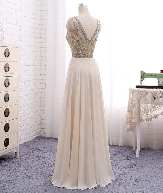Champagne round neck chiffon beads long prom dress, champagne evening dress - shdress