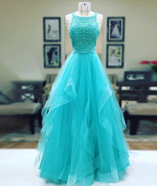 Unique tulle lace long prom dress, tulle evening dress - shdress