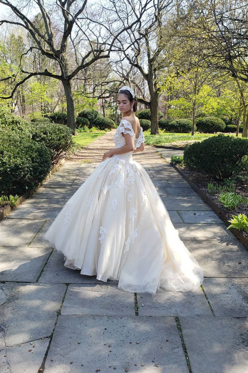 
                  
                    Elegant tulle lace long prom dress, champagne sweet 16 dress
                  
                