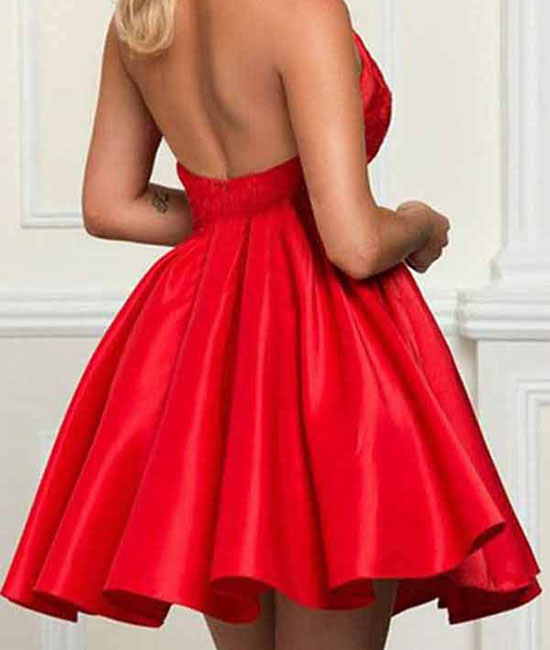 Red lace satin short prom dress, red homecoming dress - shdress