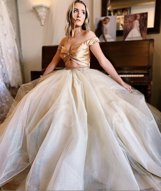 Unique champagne tulle long prom dress, evening dress