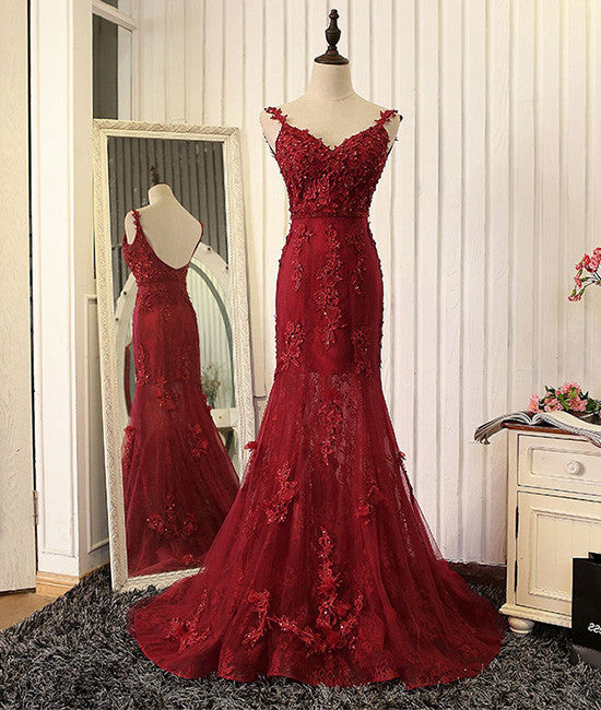 Red v neck lace mermaid long prom dress, red evening dress - shdress