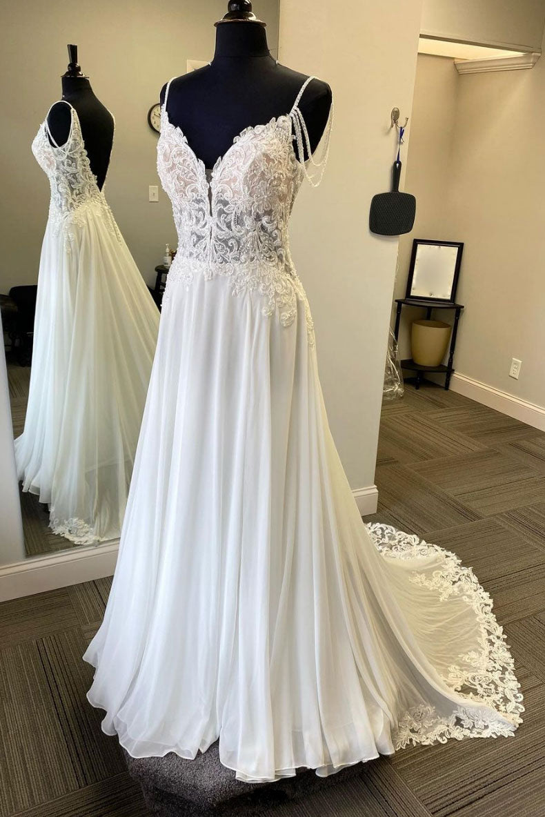 White v neck chiffon lace long prom dress, white evening dress shdress White v neck chiffon lace long prom dress, white evening dress shdress