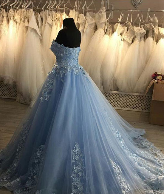
                  
                    Blue sweetheart neck tulle lace applique long prom dress, blue evening dress - shdress
                  
                