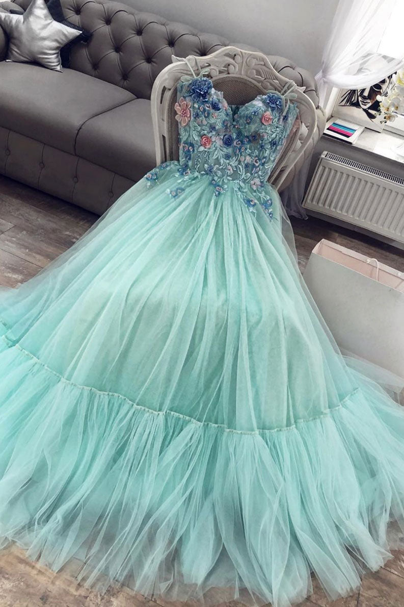 Green sweetheart tulle lace long prom dress green evening dress