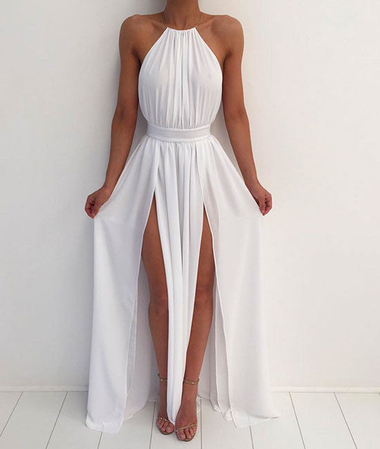 Simple white A-line backless long prom dress, evening dress - shdress