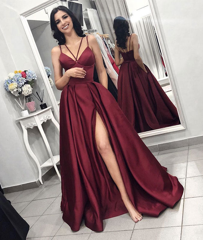 Simple burgundy satin long prom dress, burgundy satin evening dress – shdress