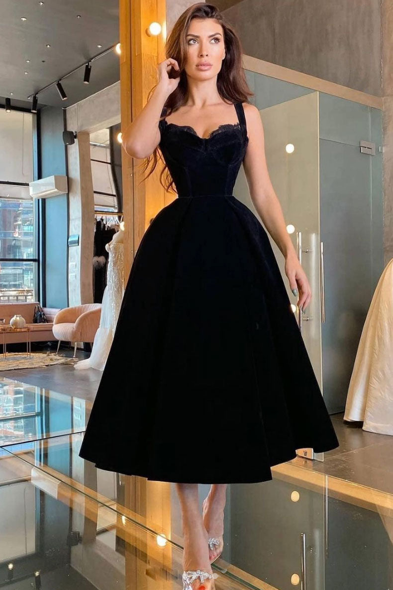 Black sweetheart velvet prom dress tea length black evening dress