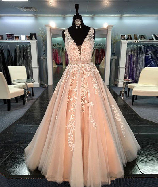 Unique v neck tulle lace long prom dress for teens, formal dress shdress Unique v neck tulle lace long prom dress for teens, formal dress shdress