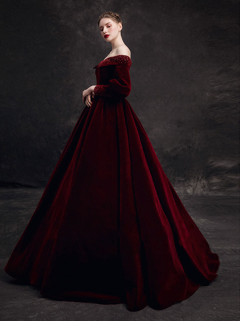Burgundy velvet beads long prom dress, burgundy evening dress shdress Burgundy velvet beads long prom dress, burgundy evening dress shdress