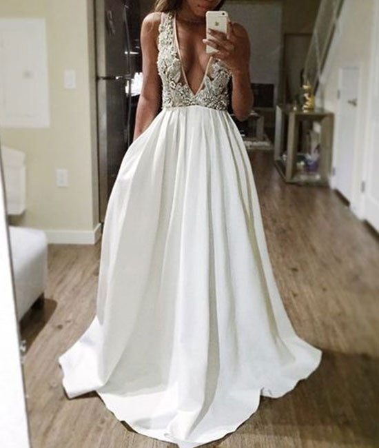 
                  
                    White v neck sequin beaded long prom dress, white evening dress - shdress
                  
                
