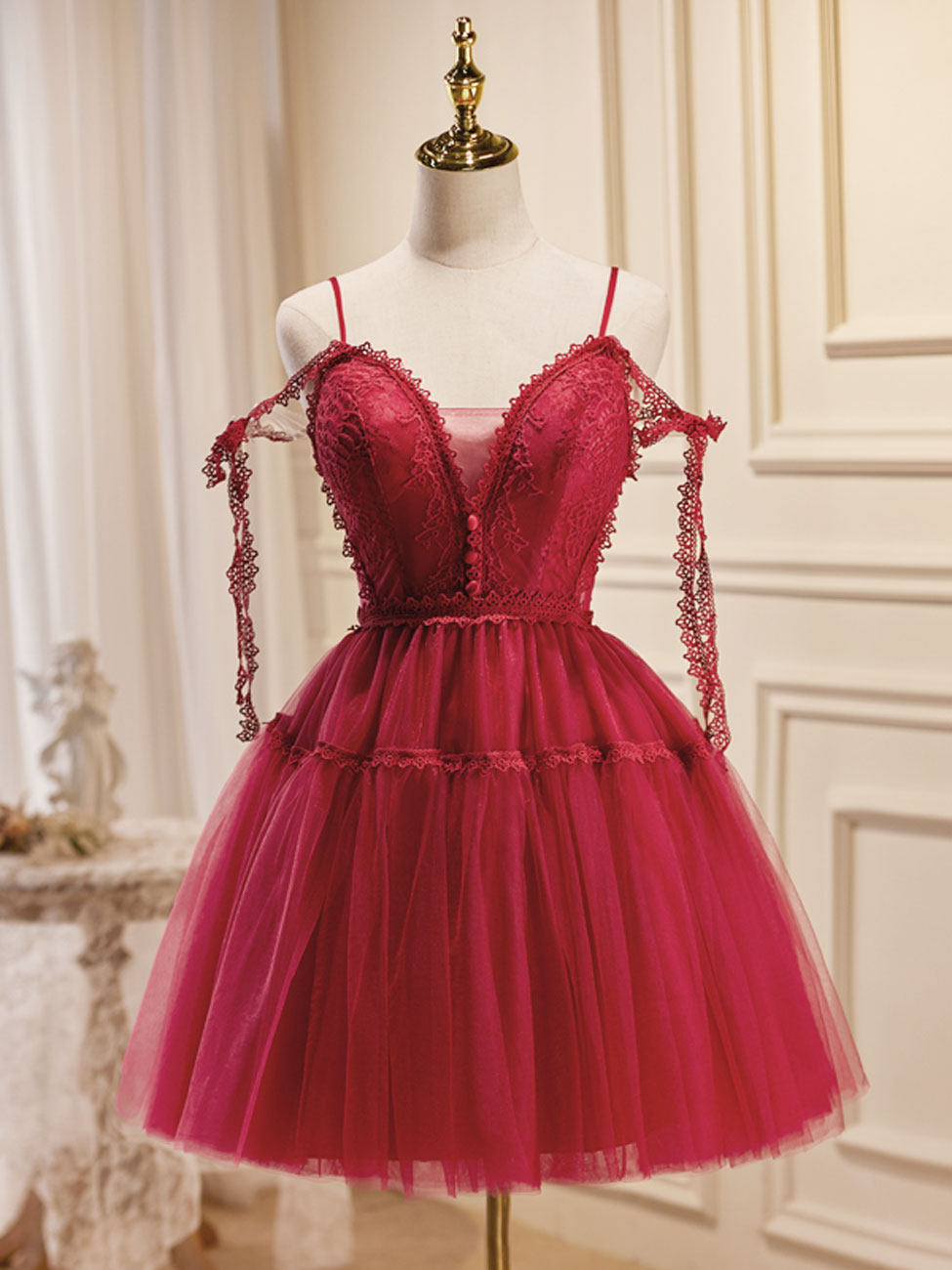 Burgundy A-Line Tulle Lace Short Prom Dress, Burgundy Homecoming Dress shdress Burgundy A-Line Tulle Lace Short Prom Dress, Burgundy Homecoming Dress shdress