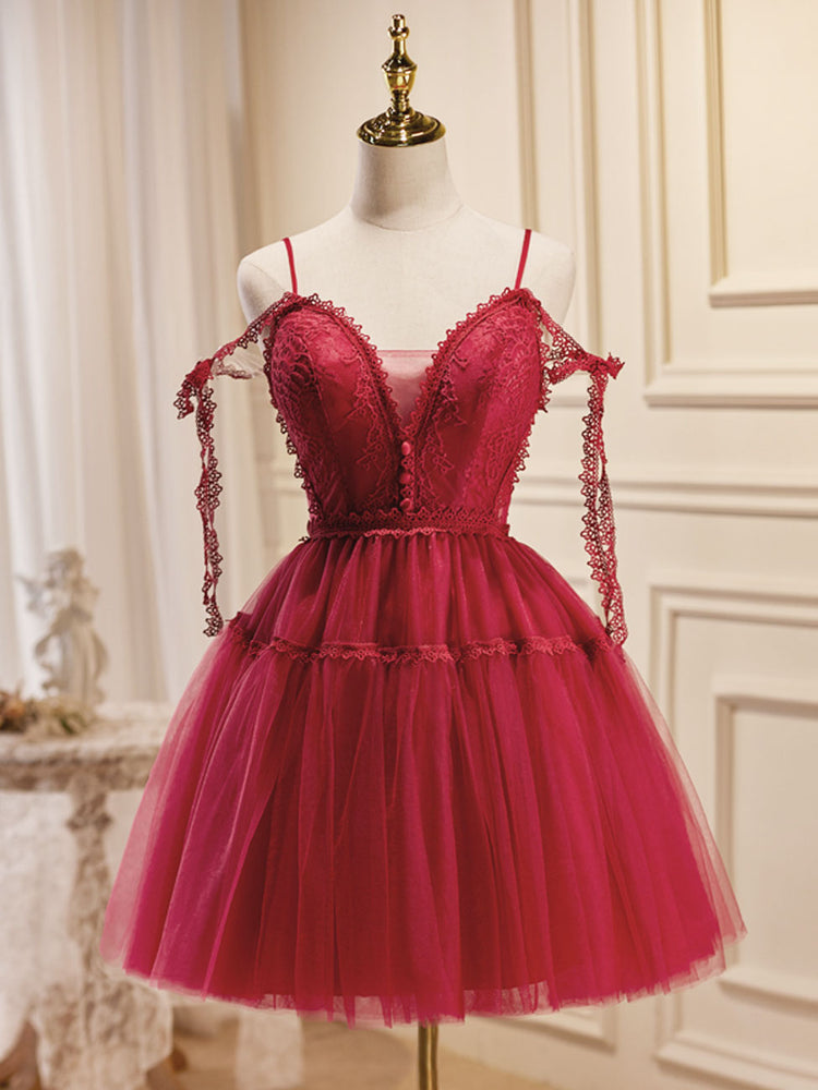 
                  
                    Burgundy A-Line Tulle Lace Short Prom Dress, Burgundy Homecoming Dresses
                  
                