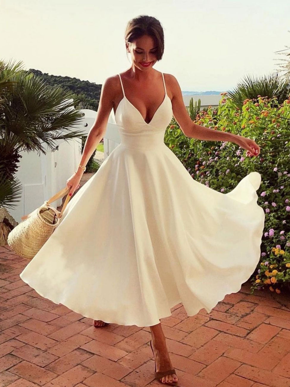 Simple V Neck White Prom Dress, Tea Length Saint Formal Wedding Party Dress Simple V Neck White Prom Dress, Tea Length Saint Formal Wedding Party Dress