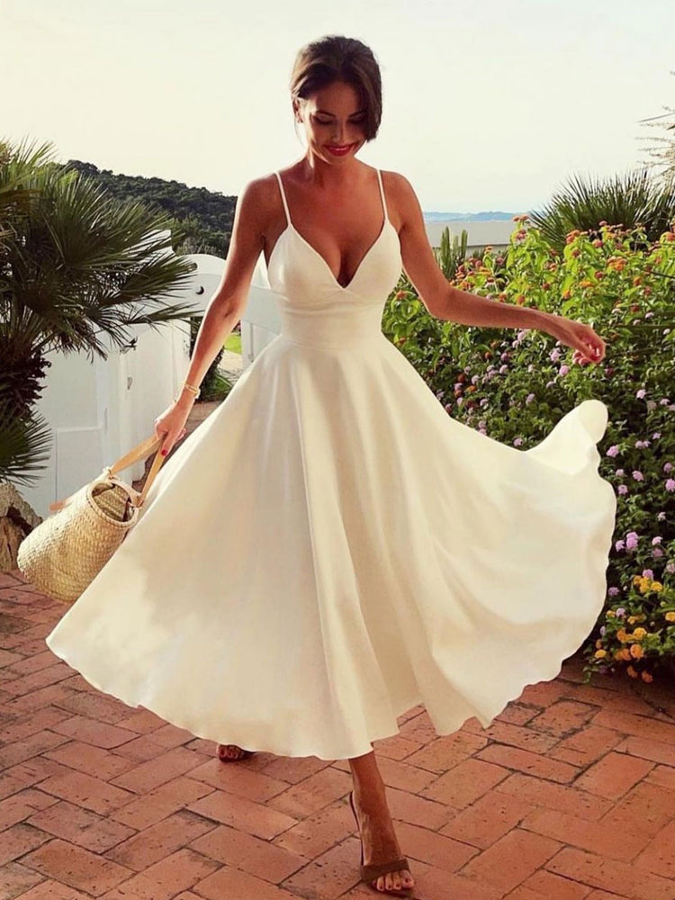 
                  
                    Simple V Neck White Prom Dress, Tea Length Saint Formal Wedding Party Dress
                  
                