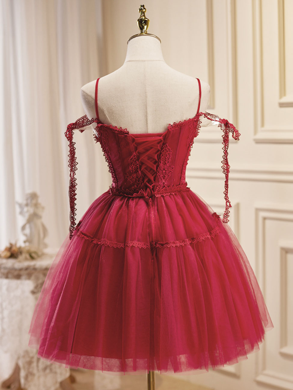 burgundy tulle dress Burgundy A-Line Tulle Lace Short Prom Dress, Burgundy Homecoming Dress – shdress