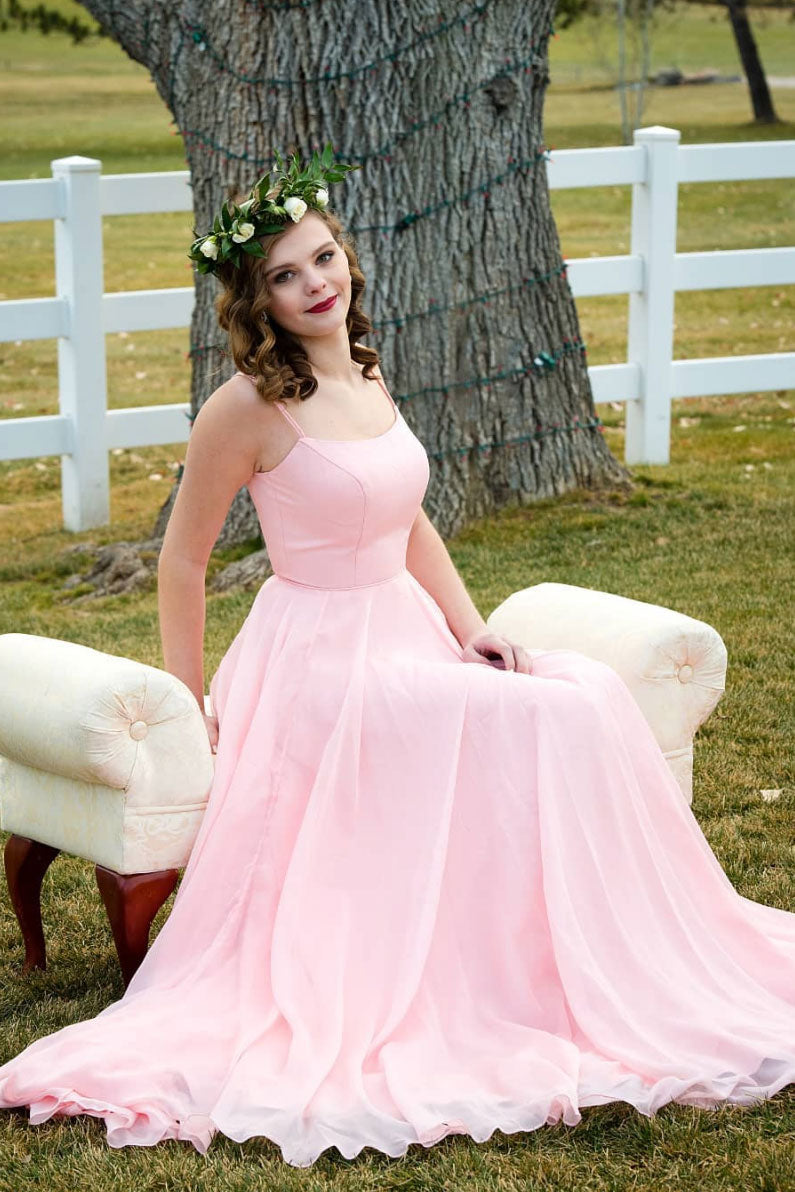 Simple sweetheart pink chiffon long prom dress pink bridesmaid dress