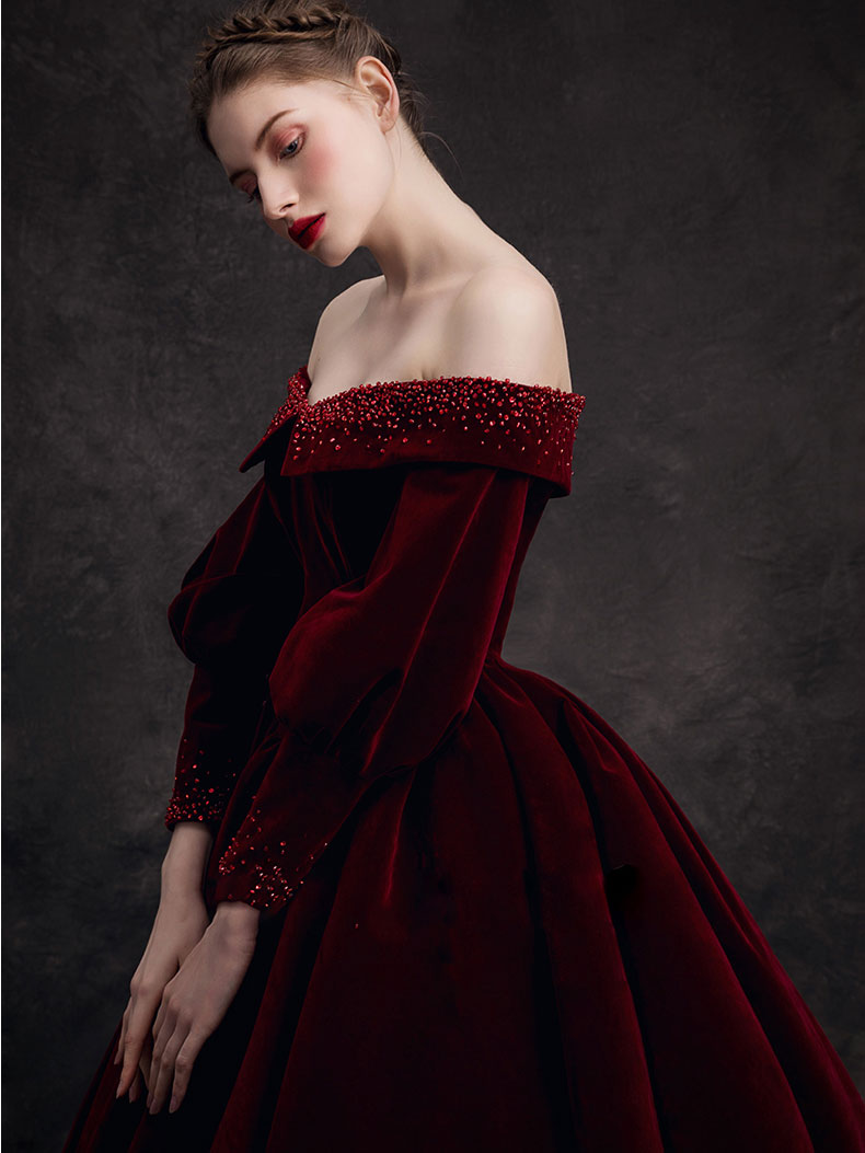 Burgundy velvet beads long prom dress, burgundy evening dress shdress Burgundy velvet beads long prom dress, burgundy evening dress shdress